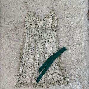 BETSEY JOHNSON White & Green Polka Dot Empire Waist with Kelly Green Satin Belt